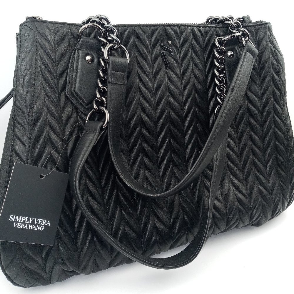 Simply Vera Vera Wang Purse Black Ruched Bedford Triple Satchel Faux Leather NEW